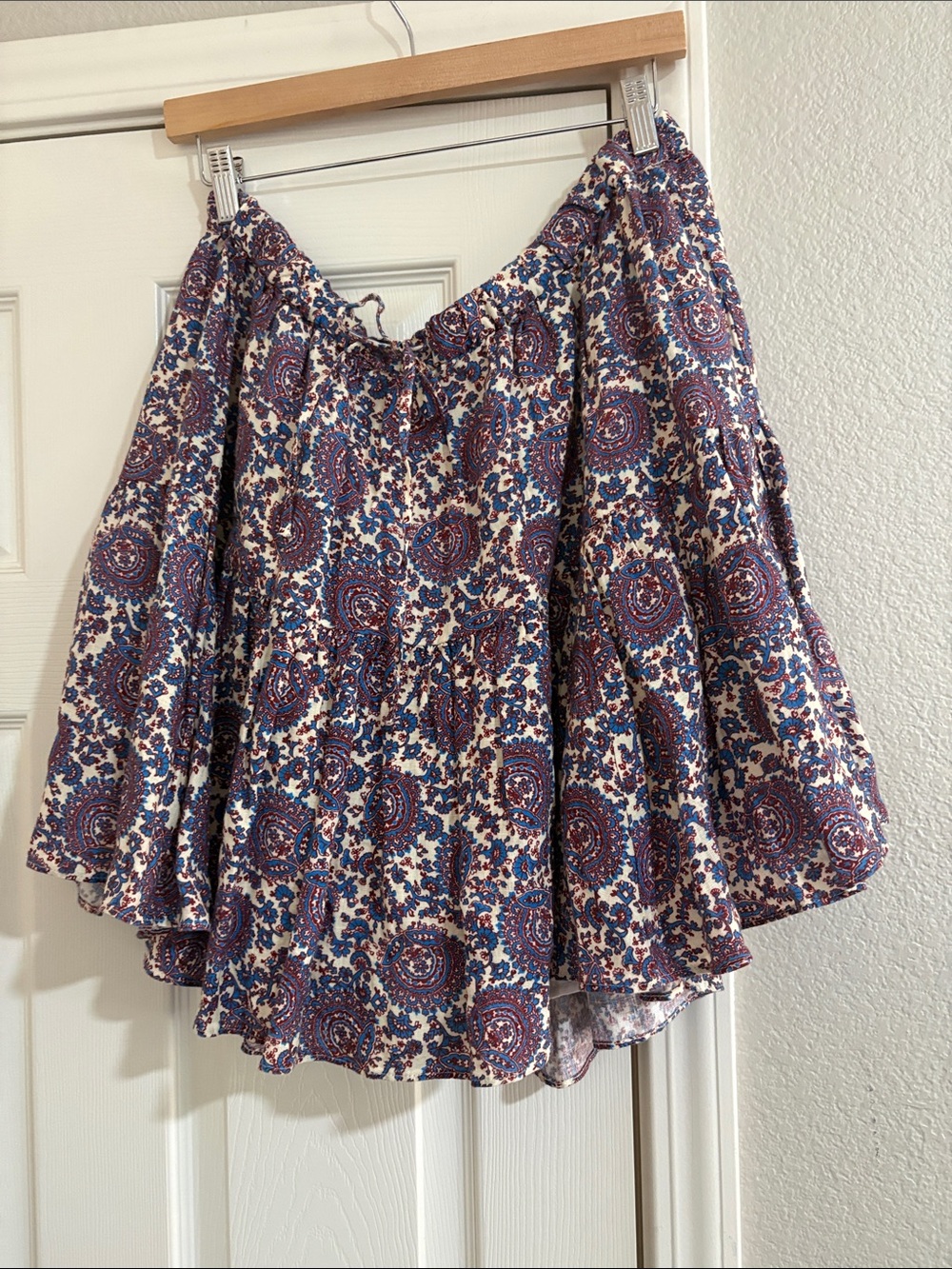 JCrew Floral Paisley Tiered Mini Skirt in Cream and Blue